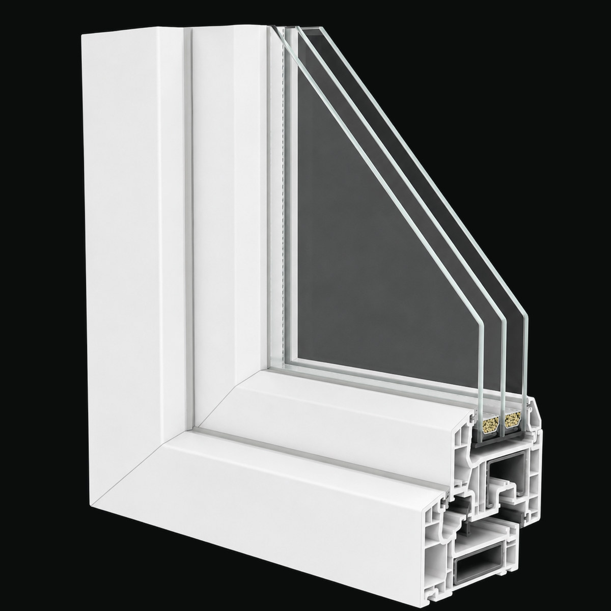 Doorsnede van een kozijn met triple isolatieglas