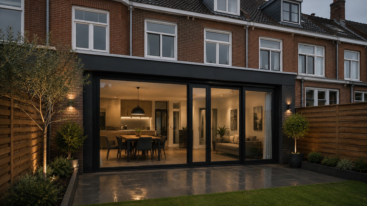 Aanbouw met schuifpui en afgewerkt interieur